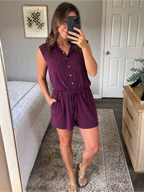 Lou & Grey Plum Sleeveless Button Front Romper Size L Soft Modal